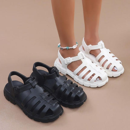 Thick-soled gear sandals women's shoes pig cage shoes covered toe hollow woven muffin Roman sandals plus size ins style sandals