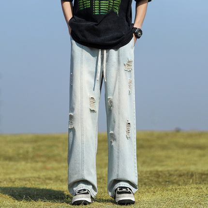 Ripped Jeans Men's Summer Thin Trendy Brand Loose Straight Pants American High Street Yellow Mud Washed Wide Leg Pants for Men