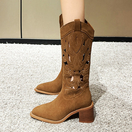 Retro Western Cowboy Boots Thick Heel Embroidered Cave Knight Boots Retro Large and Small Size Breathable Women's Boots Pointed Toe Boots