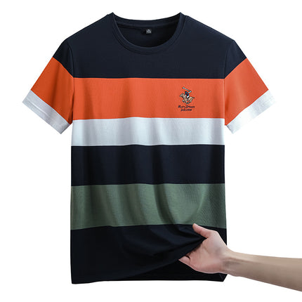 Mingdi Mouse Men's Summer New Business Casual Plus Size T-shirt Casual Round Neck Striped Short-sleeved Men's T-shirt
