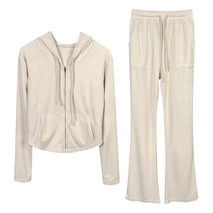South Korea Dongdaemun Simple Slim-fit Sexy Figure Temperament Hooded Jacket Casual Pants Two-piece Suit for Women