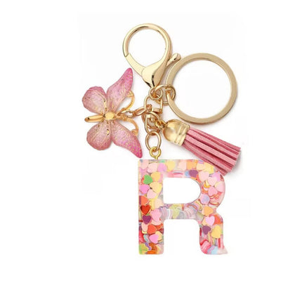1 Px Pink Heart Sequins Resin English Letter Key Chain Pendant Butterfly Tassel Accessories Key Hanging