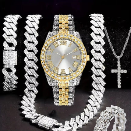 Hiphop Hip Hop Diamond Watch Five-Piece Diamond Cuban Chain Cross Necklace Cuban Ring Cross Border Wholesale