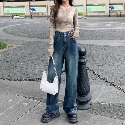 2025 Two-Button Drapey Floor-Length Pants Korean Style Petite Wide-Leg Pants High-Waisted Jeans Retro Vintage Women's