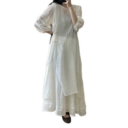 Summer New Style Quality Ramie Handmade Buckle Lace Lace Guofeng dress Double-Layer Skirt suit