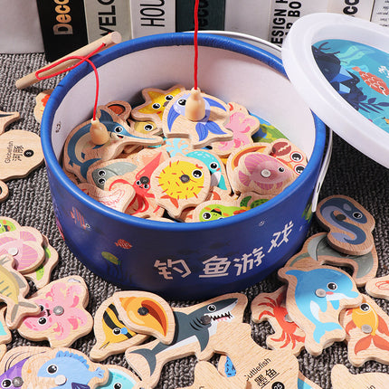 Magnetic Wooden Barrel Marine Fishing Toy Children's Early Education Educational Cognitive Fun Boys and Girls Parent-Child Games