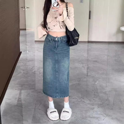 Denim Skirt Women's Autum Korean Style 2024 New Pear-shaped Figure High Waist Slim Mid-length Slit A-line Skirt