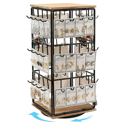 Cross-border Detachable Desktop Four-sided Square Jewelry Rack Wrought Iron Wooden Base Jewelry Earrings Earrings Display Storage Rack