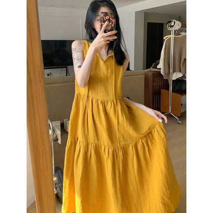 Summer New Cotton and Linen Ins Gentle Solid Color Sleeveless dress French Loose Strap Slimming Holiday Style Long Dress