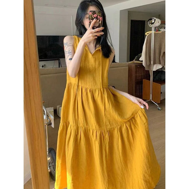 Summer New Cotton and Linen Ins Gentle Solid Color Sleeveless dress French Loose Strap Slimming Holiday Style Long Dress