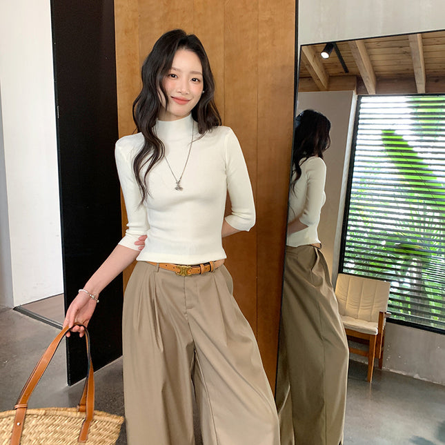 Factory Hot-Selling Korean Style Chic Half-High Collar Right Shoulder Slim Wool Mid-Sleeve Sweater for Women Commuting New Style Beautiful