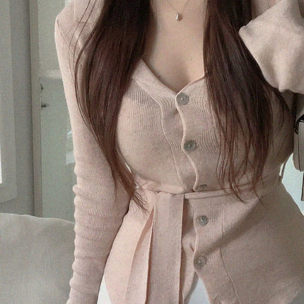 South Korea's Dongdaemun New Product, Feminine Lapel Lace-Up Slim Knitted Cardigan Me Fashionable Elegant