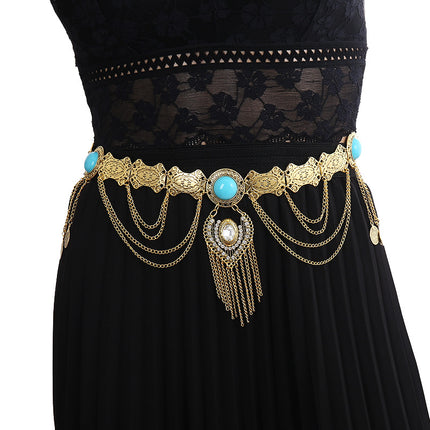New Cross-Border Ethnic Style Turquoise Metal Waist Chain European and American Retro Tassel Coin Waist Decoration Beach Body Chain