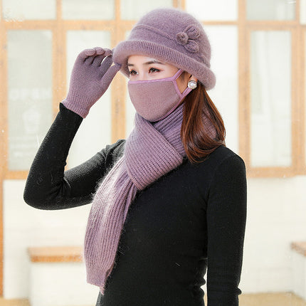 Velvet Warm Knitted Rabbit Fur Hat for Women Autumn and Winter Cold-Proof Gloves Scarf Basin Hat K-Style Trendy Middle-Aged and Elderly People