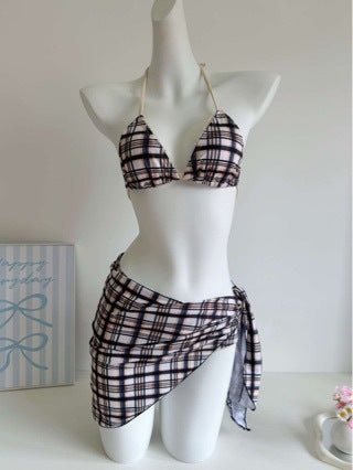 2024 Jenny Star Lace Retro Plaid Bikini Neck Tie-up Low Waist Drawstring Hot Spring Swimsuit for Women