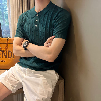 2025 Summer Polo Collar Cable Texture Simple and Versatile Elegant Short-Sleeved Knitwear Korean Style Casual Top