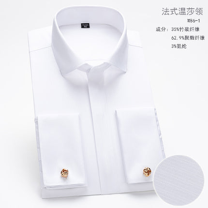 Men's French Cufflinks Shirt Men's Long-sleeved Windsor Collar Buckle Bamboo Fiber Double Stacked Sleeve Business Dress White Shirt