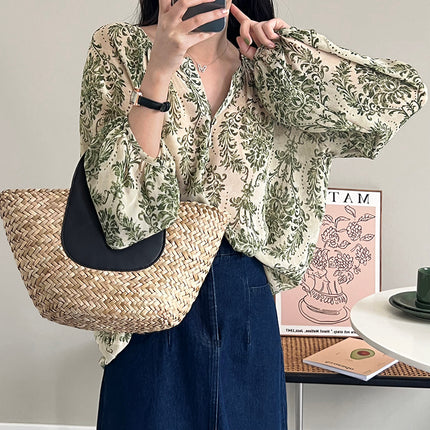 Tao Chuan Niche Color ~ Retro Slimming Green Floral Lantern Sleeve Micro-transparent Sunscreen Shirt Women's 2022 Summer 0867