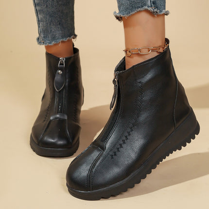 Cross-Border Export Large Size Snow Boots for Middle-Aged and Elderly Soft Leather Boots with Zipper and Velvet Thick Sole Warm Wedge Short Boots Mom Boots