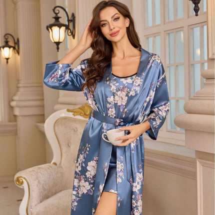 Amazon Simple Women's Four Seasons Home Clothes Nightgown Nightgown Two-Piece Set Thin Outer Wear Mid-Length Pajamas suit