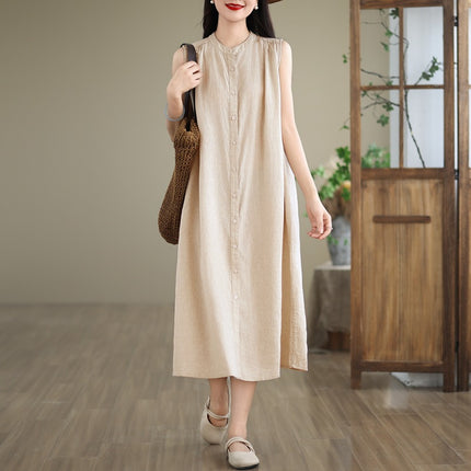 2024 Summer New Style Sleeveless Multi-Pleated Design Solid Color Mid-Length Dress for Women, Artistic Simple Cardigan Cotton and Linen Dress