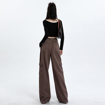 Brown American Workwear Jeans for Women 2025 Autum New High-Waisted Loose Slimming Look Straight Wide-Leg Floor-Length Pants