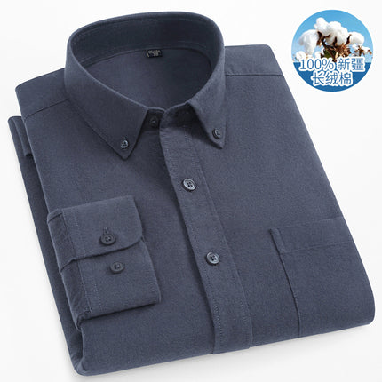 Spring and Autumn Pure Cotton Brushed Pure Color Shirt Men's Long-Sleeved Pure Cotton Anti-Wrinkle Slim Tb Casual Business Men's Shirt Men