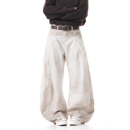 American Retro Dirty Dye Spray-Painted Design White Scimitar Jeans for Men and Women New Loose Versatile Wide-Leg Pants
