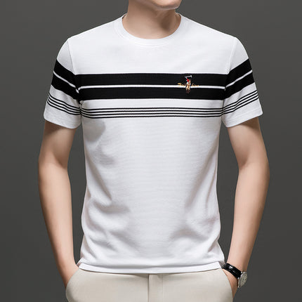 Mingdi Mouse Summer New Round Neck Striped Short-sleeved Young and Middle-aged Men's T-shirt Casual Embroidered Loose T-shirt Top