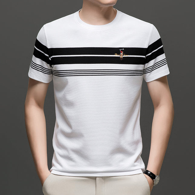 Mingdi Mouse Summer New Round Neck Striped Short-sleeved Young and Middle-aged Men's T-shirt Casual Embroidered Loose T-shirt Top