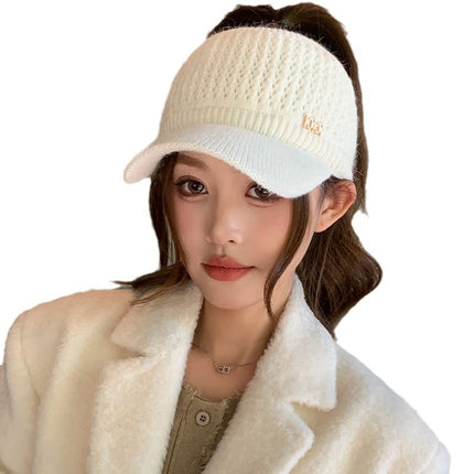 Winter Cycling Warm Windproof Rabbit Fur Digital Label Knit Visor Cap for Women Autumn Face-Slimming
