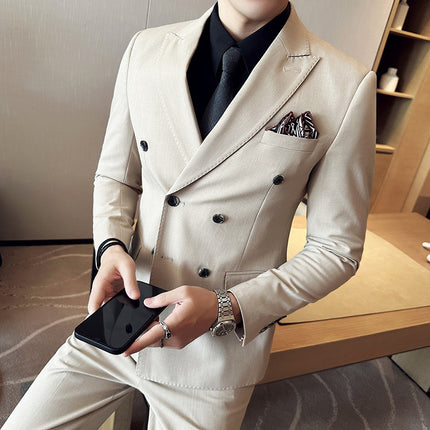 Suit suit Double-breasted Buckle Neck Suit Three-piece Fashionable Groom Pink Host Best Man Dress Men's Fashionable