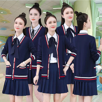 In-Stock Autumn and Winter Thick College-Style V-Neck Cardigan Unisex School Uniform Sweater Jacket Student Long-Sleeve Knitwear