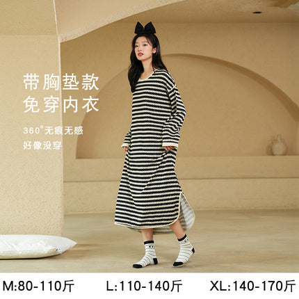 Women's Pure Cotton Long-Sleeved Nightgown, High-End, Black, Large Size, Can Be Worn Outside, Spring and Autumn, Women's Nightgown with Breast Pads