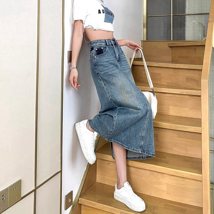 Vintage Split Half-length Denim Skirt Women's New 2024 Summer Contrast A- line Half-skirt Spring and Autumn Mid-length Hong Kong-style Thin