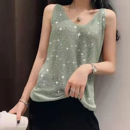 2026 Student Women's Clothing Ice Silk Rhinestone-Embellished Camisole Summer Loose Short T-Shirt Sleeveless Versatile V-Neck Base Shirt
