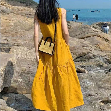 Summer New Cotton and Linen Ins Gentle Solid Color Sleeveless dress French Loose Strap Slimming Holiday Style Long Dress