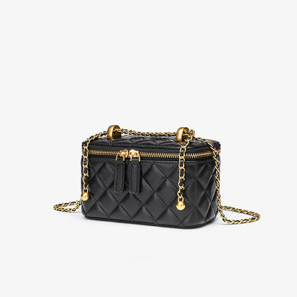 Spring and Summer Chanel Style Gold Ball Diamond Plaid Chain Bag Genuine Leather Women's Bag 2024 New Mini Lipstick Box Bag Crossbody Bag