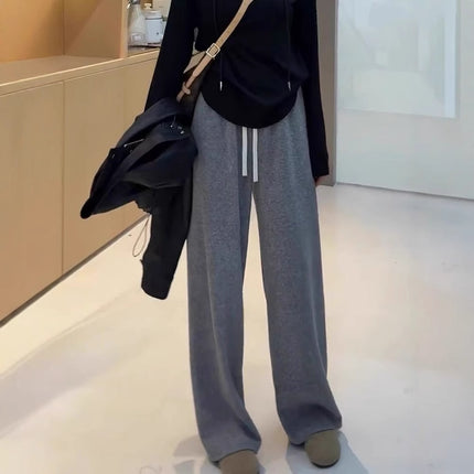 Gray Casual Towel Pants 2025 New Autumn and Winter Women's Velvet Thickeneded Drawstring Lazy and Relaxed Loose Wide-Leg Pants