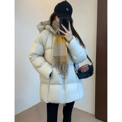 Me13 Cloud Puff 90 White Duck down Warm Hooded Mid-Length Petite Puffer Jacket for Women