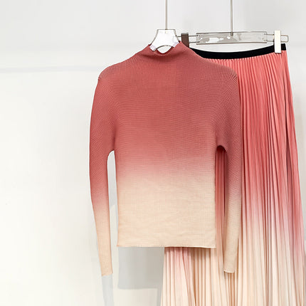 Textured Pleated Bottoming Shirt for Women, Elegant High Collar, Slim Fit, Miyake Non-Balling Gradient Long-Sleeved T-Shirt Top