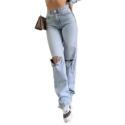 Amazon Summer New European and American Cross-border E-commerce Women's Ripped Jeans Women's High Waist Straight Casual Pants light blue