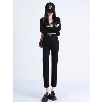 Women's Straight-Leg Jeans 2026 New Summer Thin High-Waisted Slimming Cropped Pants for Petite Figures Black Cigarette Pants