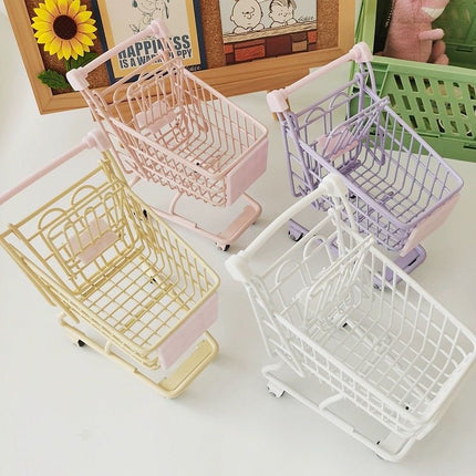 Ins Iron Cute Pink Girl Desktop Storage Basket Mini Trolley Shopping Cart Props Sundries