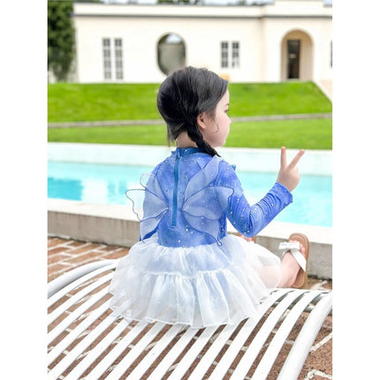 Next Kiss Fairy Gauze Skirt Kidsren's One-Piece Swimsuit 2025 New Summer Long-Sleeved Fashion Girls Swimsuit