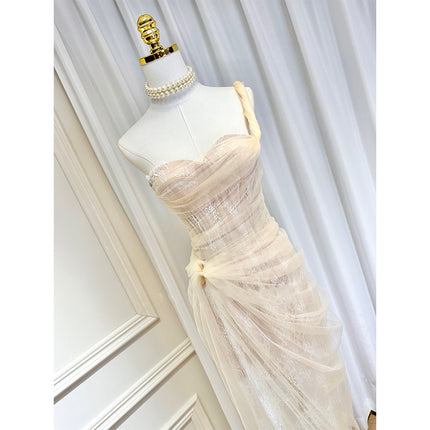 Dinner Dress Niche Design Fishbone with Chest Pad Single Shoulder Mesh Stitching Lace Split Floor Dress