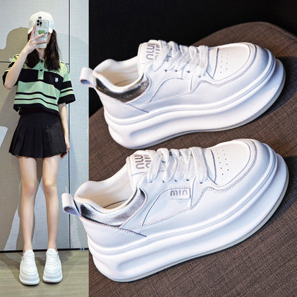 Women's White Sneakers with Hidden Height Increase, 2026 Summer Thin Mesh Breathable Sports Casual Sneakers, Popular Genuine Leather Platform Shoes