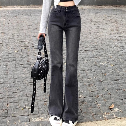 Black Grey Micro La Jeans Women's Autumn Trendy All-match New High Waist Slimming Slim-fit Trumpet Long Pants