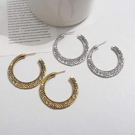 European and American exaggerated retro big earrings simple temperament popular geometric alloy Xizang pattern carved C- shaped ear studs earrings for women