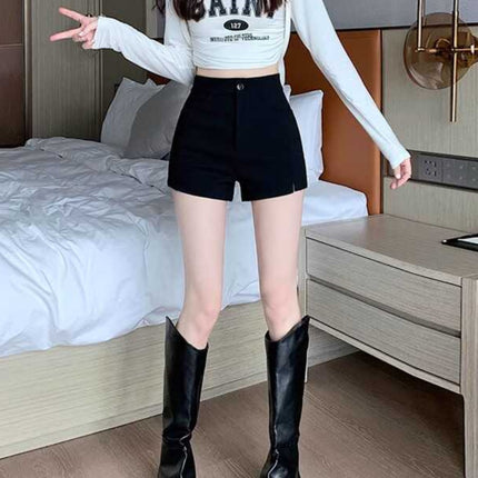 Black Suit Shorts for Women, Autumn 2024 New High-Waisted Elastic Hip-Hugging Leggings, Petite Outerwear Hot Pants